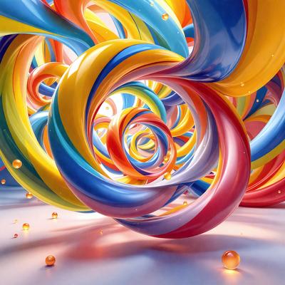 The primary subject of the image is a large, colorful, and swirling sculpture. The sculpture is made of various colors, including yellow, blue, red, and orange. The setting is a white background, which provides a clean and contrasting backdrop for the vibrant sculpture. The visual style of the image is a combination of digital art and illustration, creating a dynamic and eye-catching piece of art. The colors and mood of the image are lively and energetic, with the bright colors and swirling patterns evoking a sense of movement and excitement.